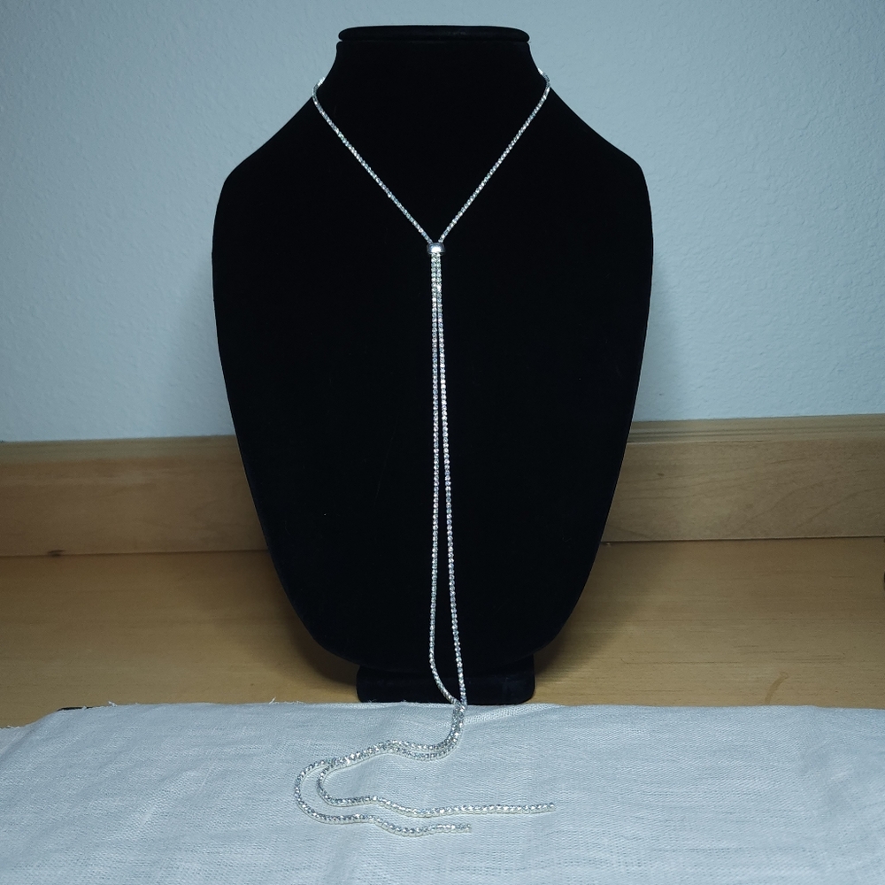 Long Rhinestone Adjustable Necklace Silver Tone